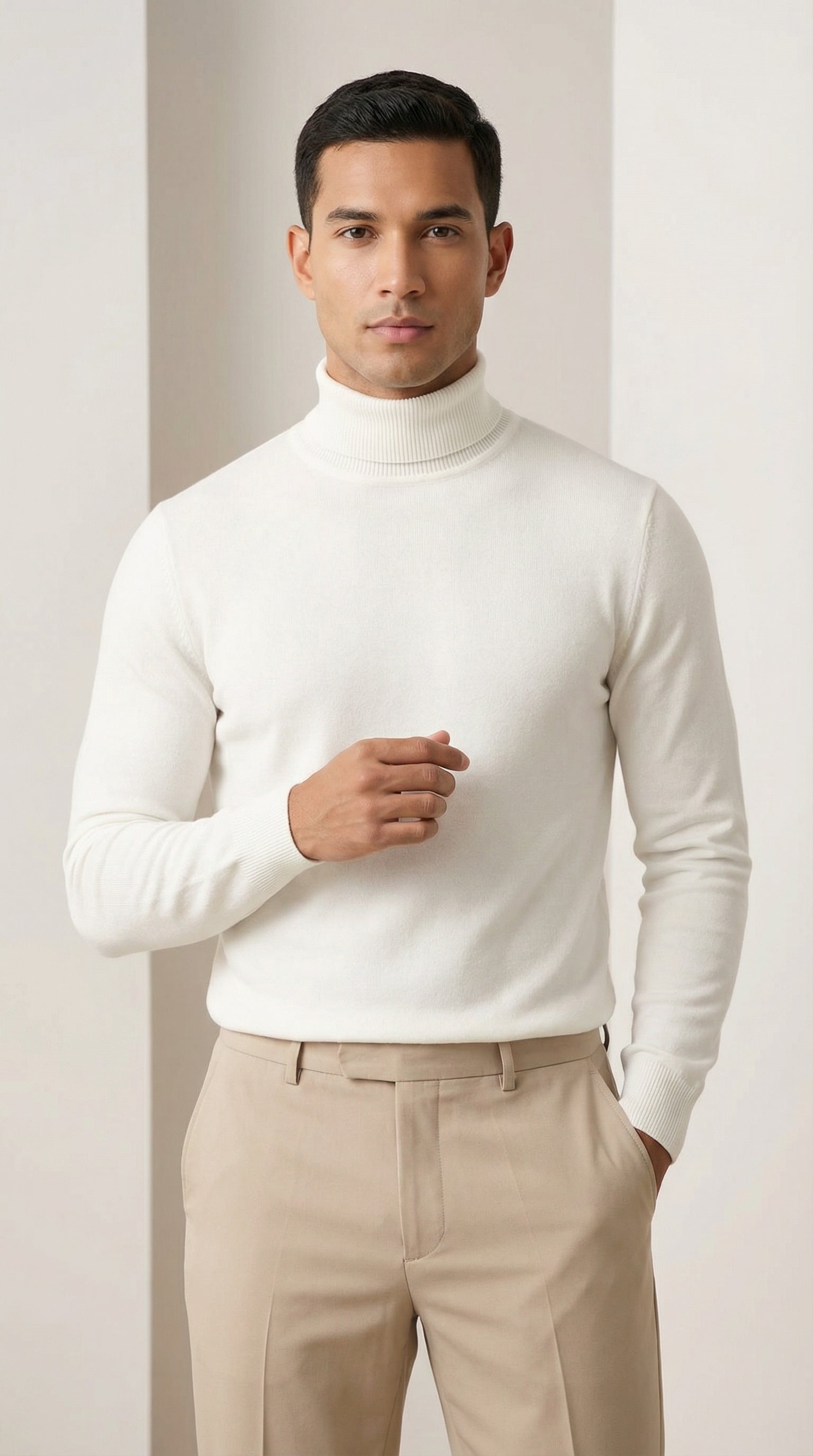 Man wearing a white turtleneck sweater and beige pants against a neutral background